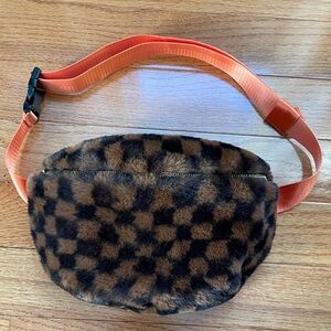 Faux Fur Faux Fendi Check Belt Bag Fanny Pack with Orange Strap